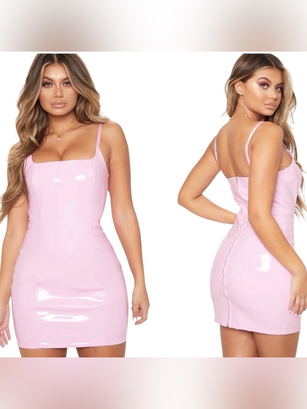 NWT PrettyLittleThing Barbie Pink PU Bodycon Mini Dress Spaghetti Strap Size 4